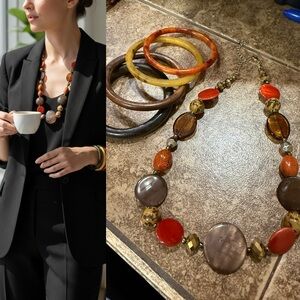 Boho Statement Necklace & Bangle Bracelet Set Earth Tone Chunky Beaded